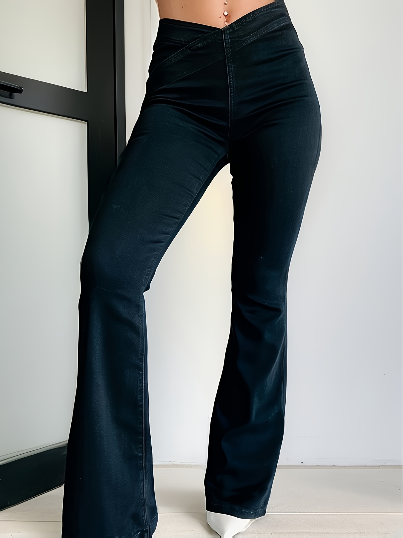 Women's Casual Jeans, Plus Size V Shaped Waistband High * Medium Stretch  Plain Black Flare Leg Denim Pants