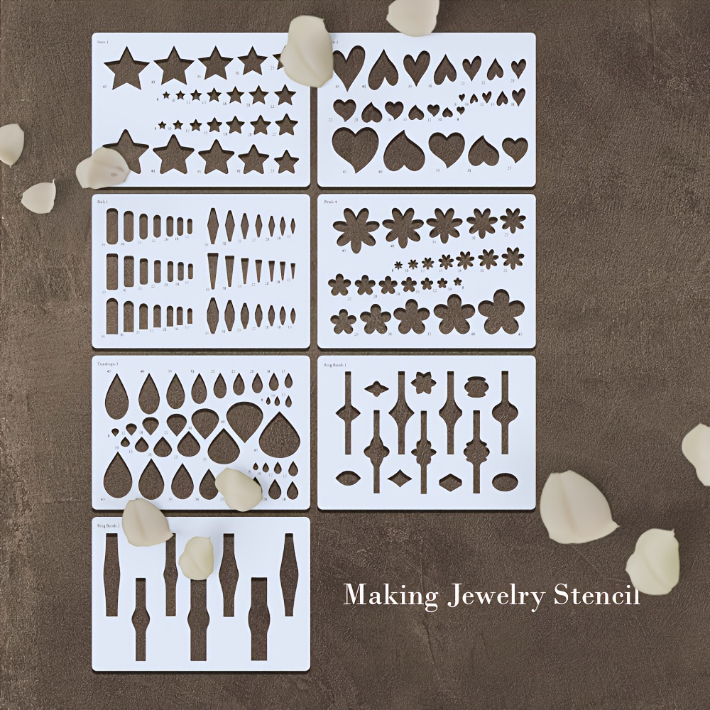 7pcs jewelry stencil set 5 8x8 3 inches reusable geometric templates with teardrop heart petal star designs for ring painting and crafting