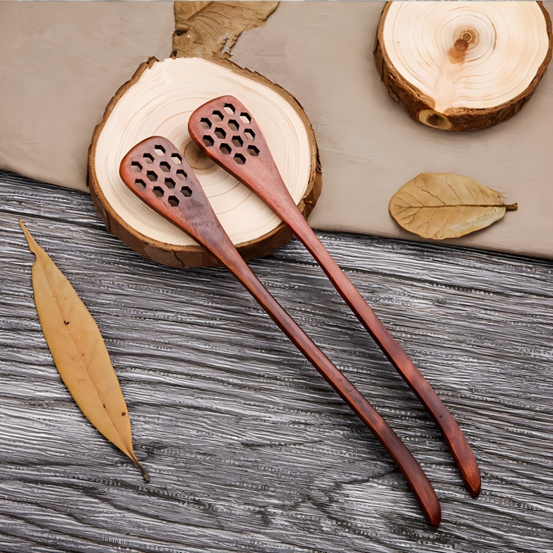 2pcs Set, Long Honeycomb Hollow Mixing Nanmu Spoon, Cold Drink Coffee Mixing Stick, Restaurant