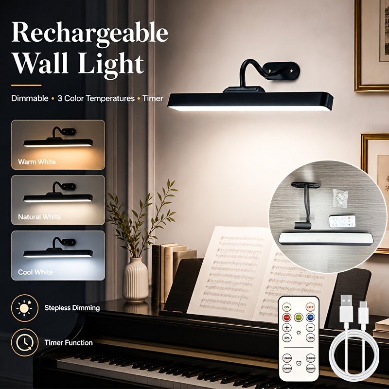 TEMU Luz LED Inteligente para Cuadros de Pared, Luz Recargable con Control Remoto, Luz LED con Sensor Táctil para Cuadros, Niveles de , para Cuadros,