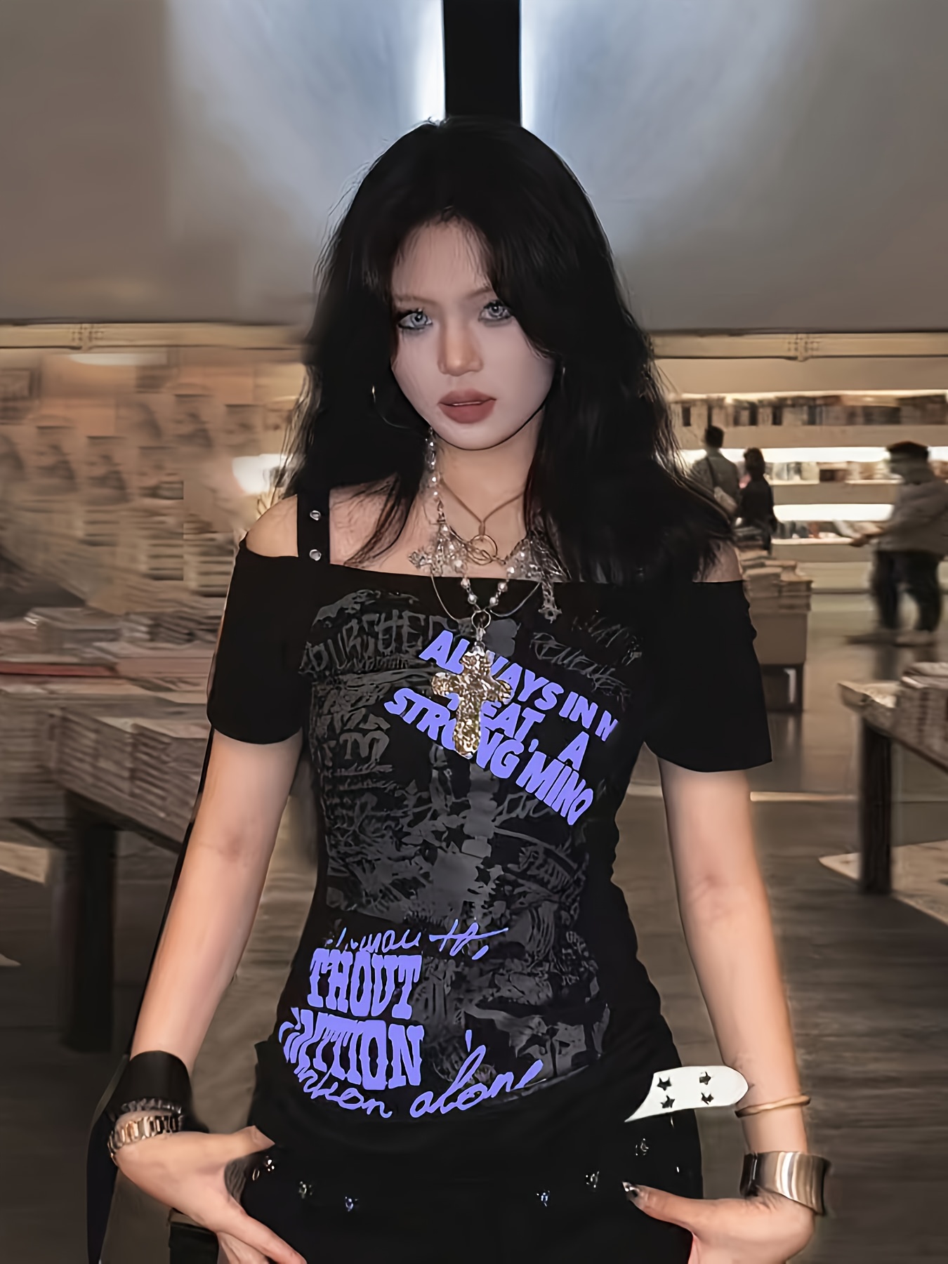 XY Kya Culture Spicy Vintage Letter Print Drawstring Pleated Short Sleeve Women's Back Tie, Y2K Design Dark Punk Skull Print Crop Top, Black Printed Off-the-Shoulder T-Shirt with 4 Eyelet Front