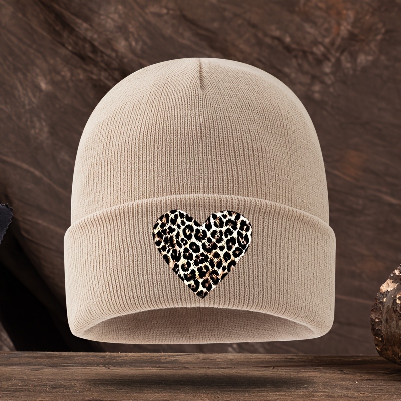 TEMU 1 Stück Leopard Print Herz Muster Strickmütze Herbst Winter Hochelastisch Weich Bequem Warme Mütze Outdoor Freizeit Sport Radfahren Bergsteigen