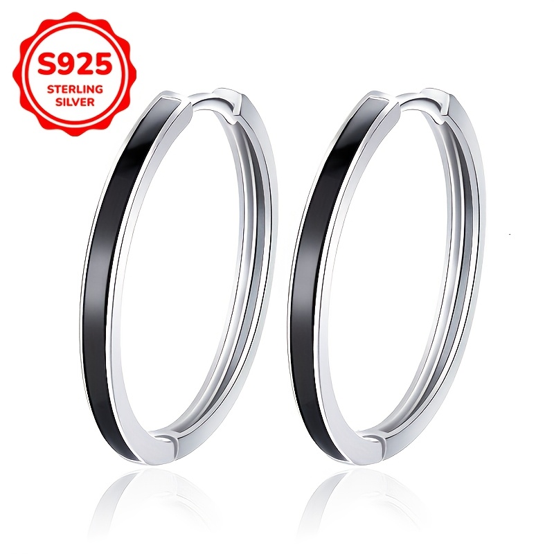 

Elegant S925 Sterling Silvery Hoop Earrings With Exquisite Black Resin Design - & Fashionable For Casual Attire, Drop Glue, Design, Women's