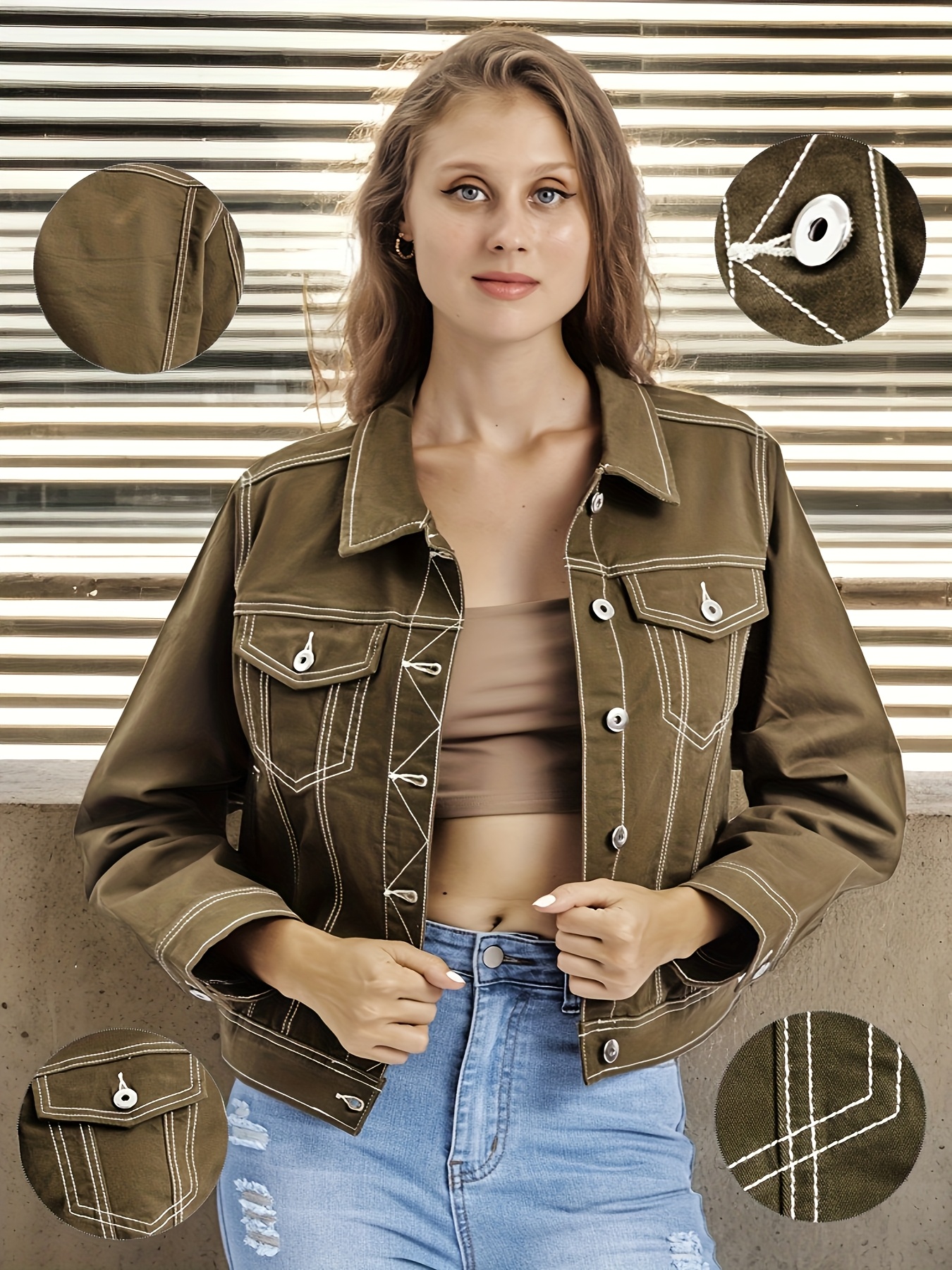 giacca donna verde militare a bottoni a Temu Italy