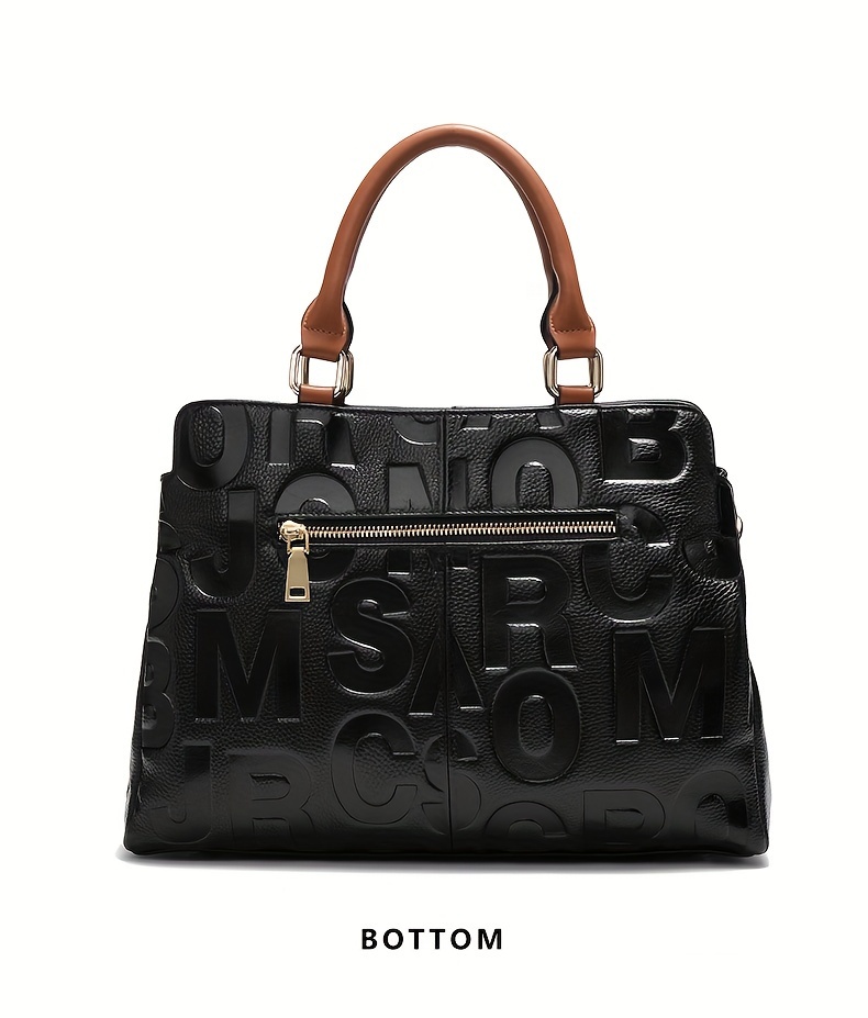 genuine genuine leather womens handbag   handbag with brown genuine leather accents embossed letter design large capacity handbag for everyday use genuine leather purse Product details 9