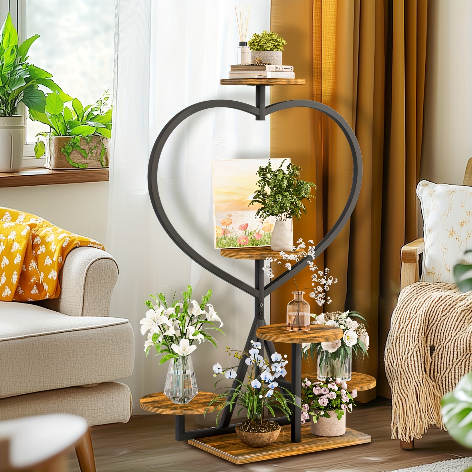 Image of 5-tier Heart-shaped Metal Plant Stand, Decorative Multi-shelf Display Rack For Indoor & Outdoor, Ideal For Living Room, Balcony, Garden - , Sturdy Construction, Easy Assembly