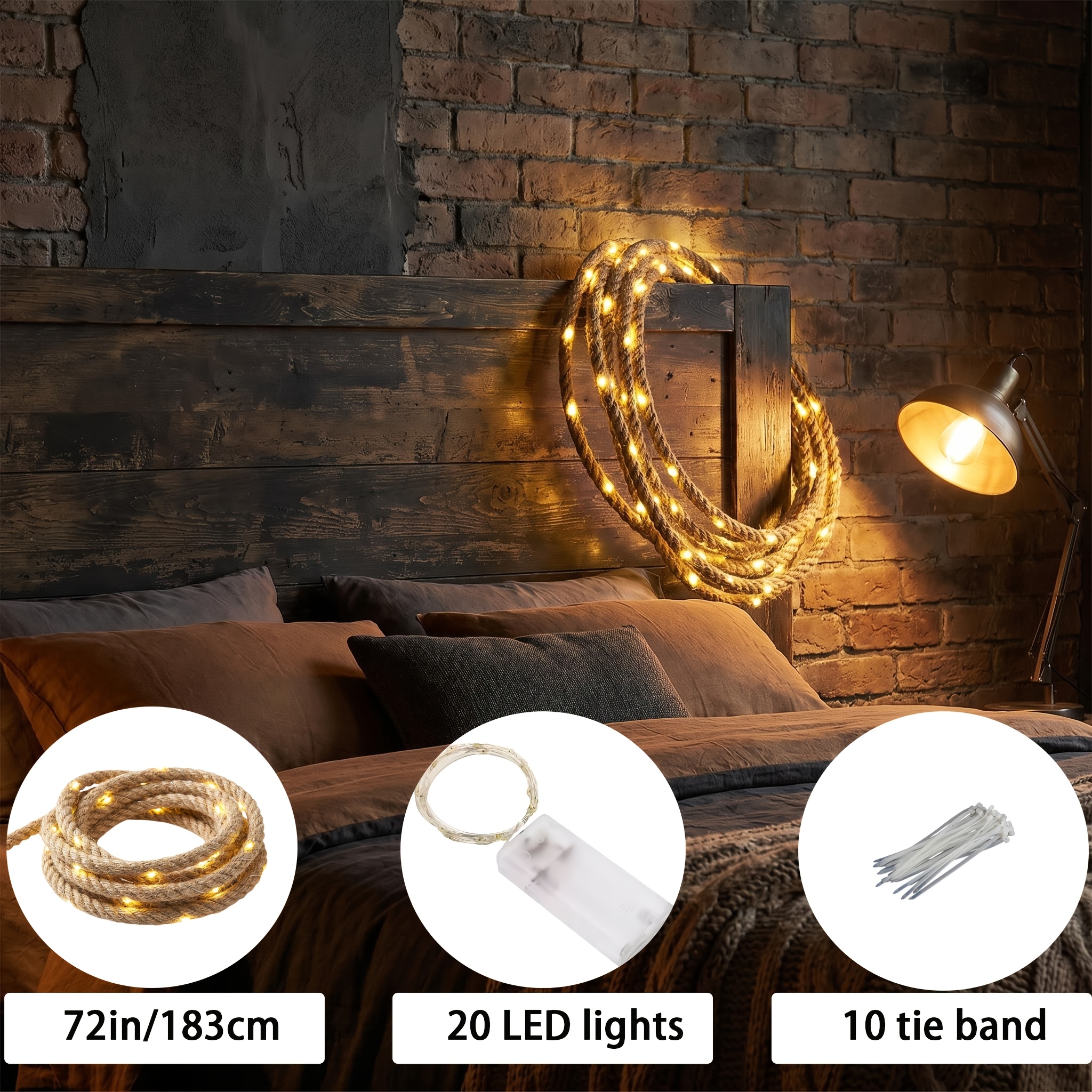 TEMU Corde de jute épaisse de 183 cm avec 20 guirlandes lumineuses LED, comprend 10 sangles d'attache, guirlande lumineuse décorative blanche chaude