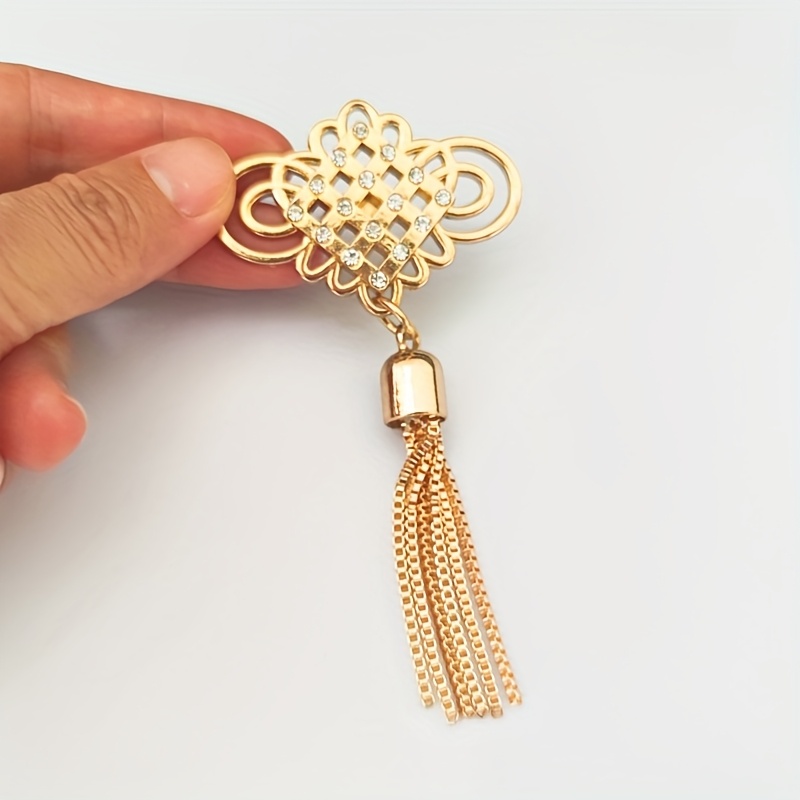 Image of 1pc Elegant Golden Chinese Knot Tassel With Crystal Accents - Metal Handbag Charm, Diy Crafts, Bag Hardware, Front Accessory, Diy Craft Supplies|elegant Charm|metal Construction