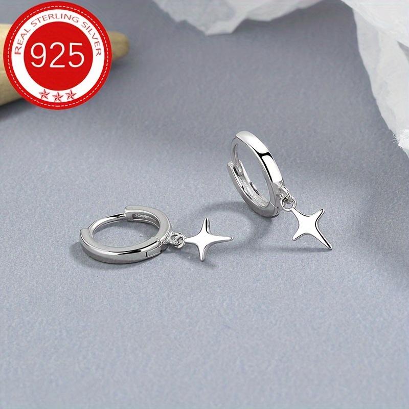 

1 Pair S925 Pure Silver Four-pointed Star Earrings, About 0.06 Oz, Suitable For Daily Wear, For Men And Women