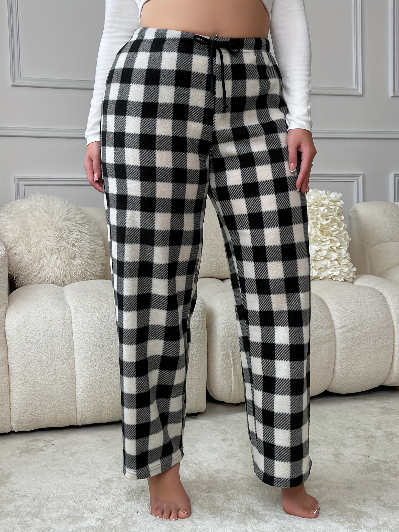 Pantalon De Pyjama Femme à Carreaux - En Peluche Douce - Taille élastique Et Poche - Confort Hiver
