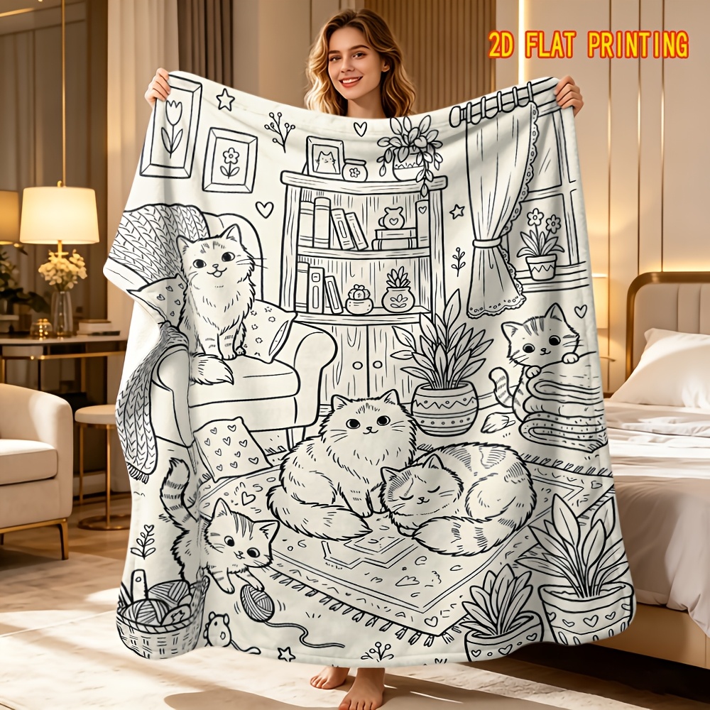 TEMU Black And White 2d Flat Pattern Coloring Cat Diy Sticker Design Flannel Throw Blanket, Sofa Cover For Focusing And , 2d Flat