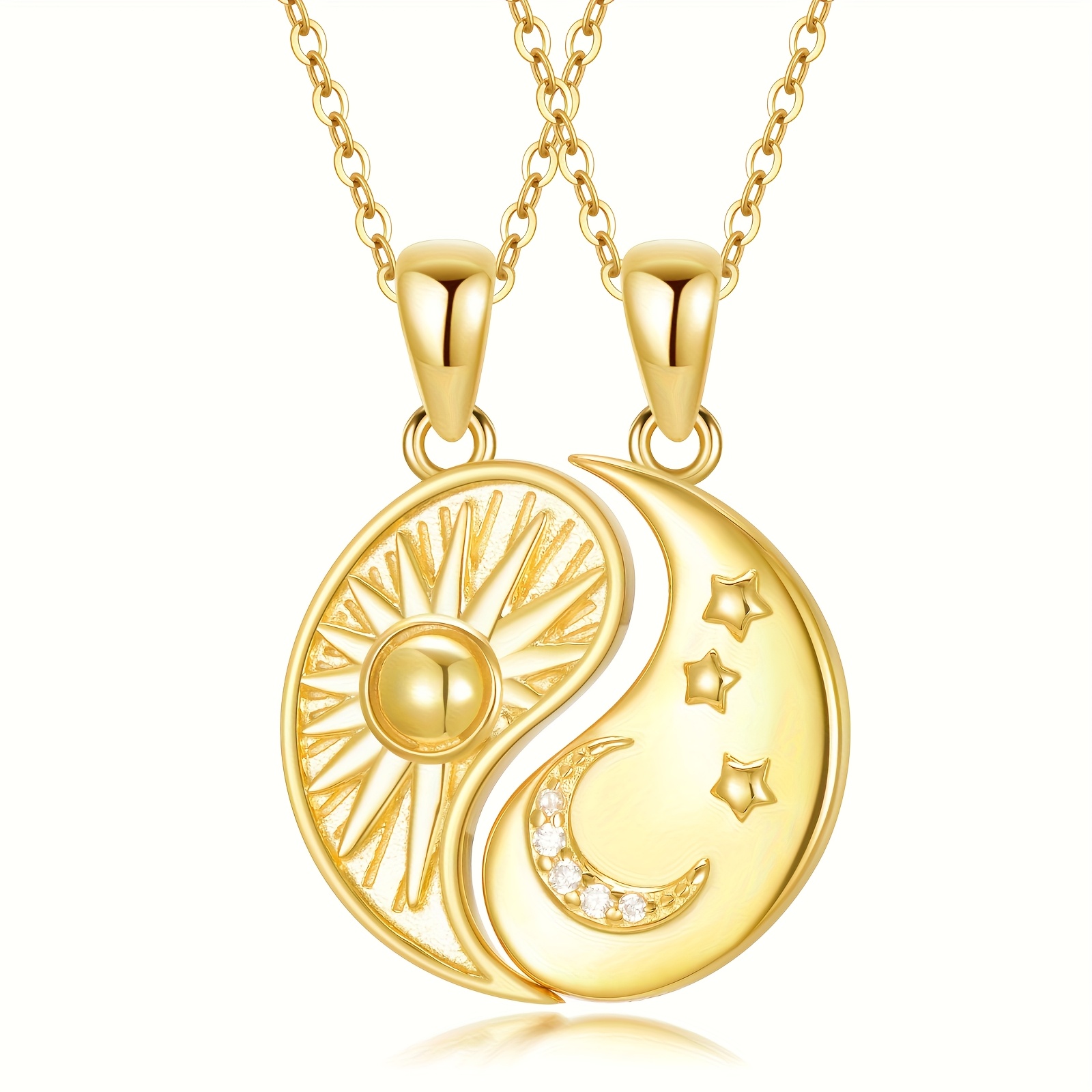 Image of Matching Necklaces For Two, Featuring A Sterling Silvery And Gold-plated Design With Sun And Moon , Embodying Yin And Yang. Perfect Friendship Jewelry Gifts For Couples