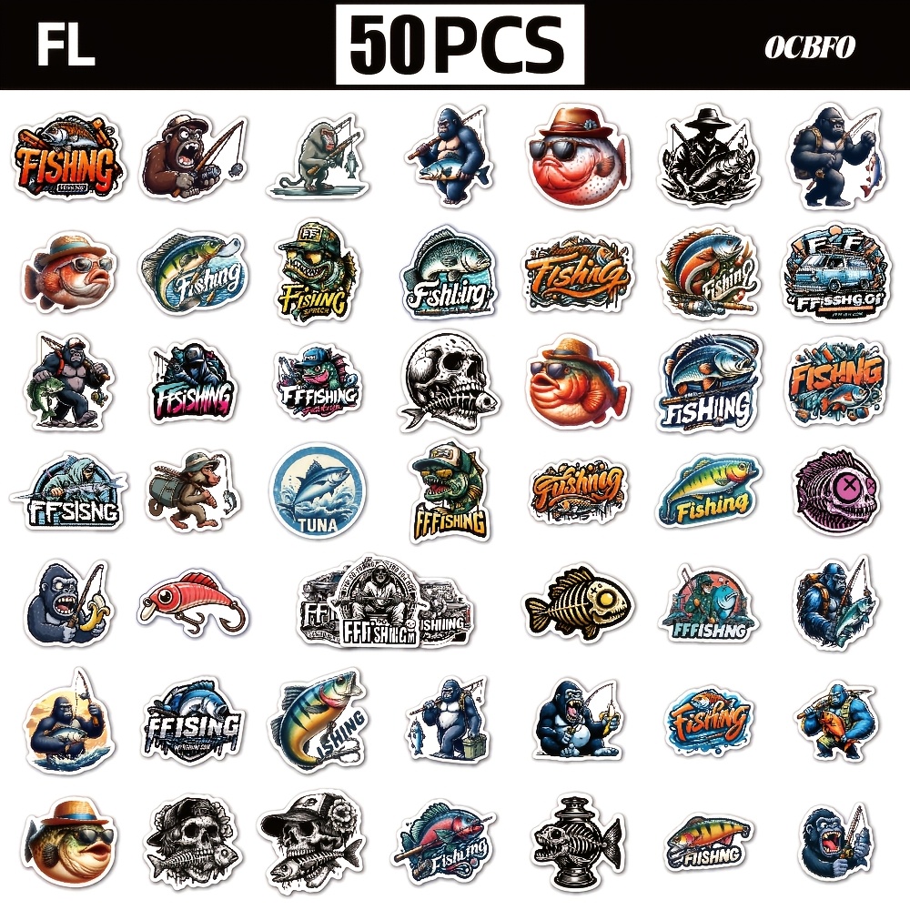 Image of 50/51/100 Outdoor Fishing Stickers For Lure Fishing Tackle Boxes, Phone Cases, Luggage, Journals, And Laptop Decorations