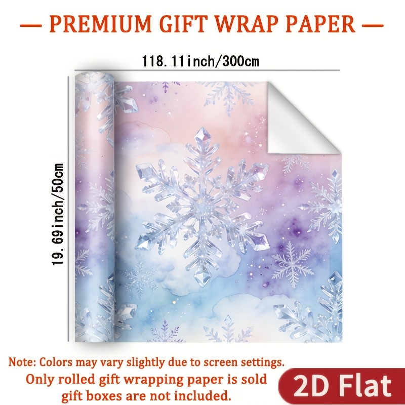 TEMU 1 Roll 2d Flat Snowflake Theme Wrapping Paper Gift Glossy Paper - Gradient Pink Purple Blue Washable Background With Snowflakes And Light Mist