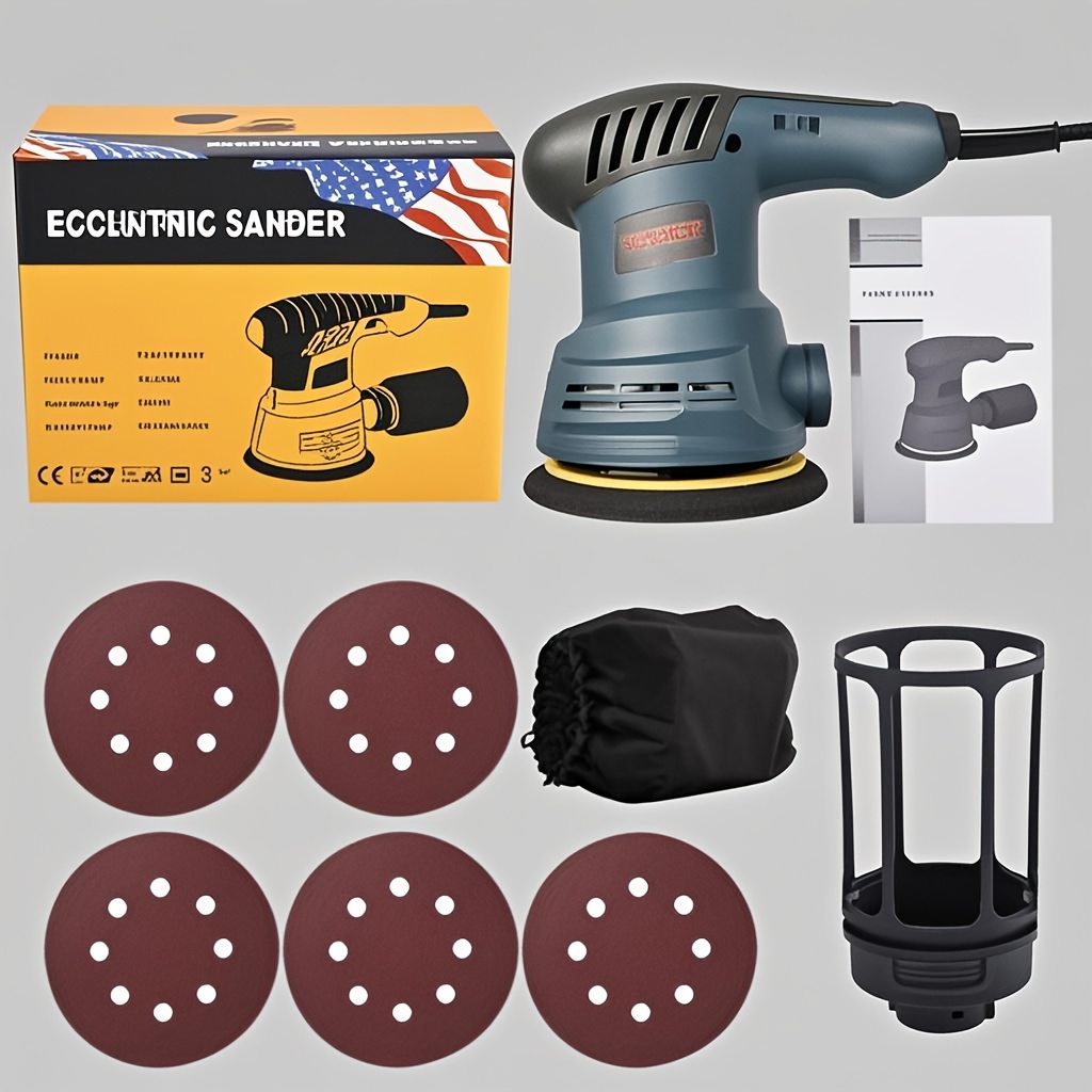 Image of Random Orbital Sander With 5pcs Sandpapers, 6 Variable Speed Sander Machines, Dust Collection System For Woodworking, Dust Collection Bag Included