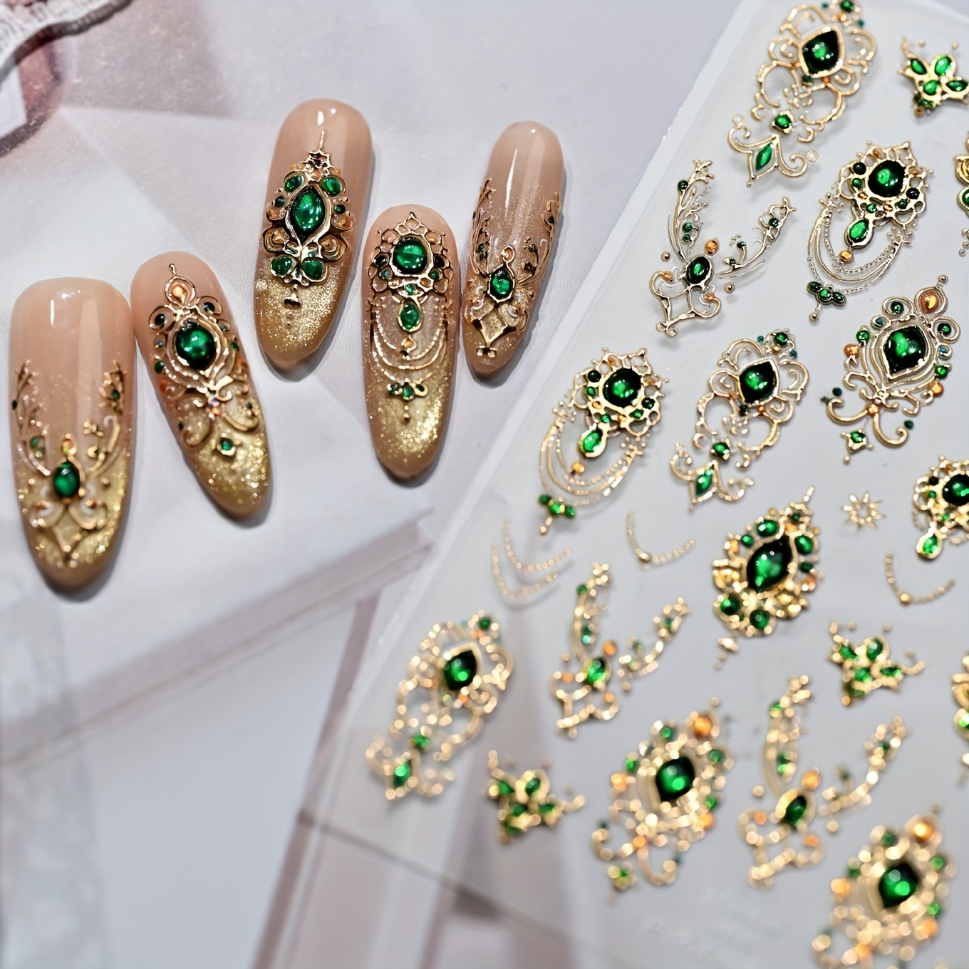 3d Golden Press-on Nails - Luxury Emerald Green & Red Baroque Scepter Design, Self-adhesive Nail Art Stickers For Manicure, Christmas & Holiday Gift