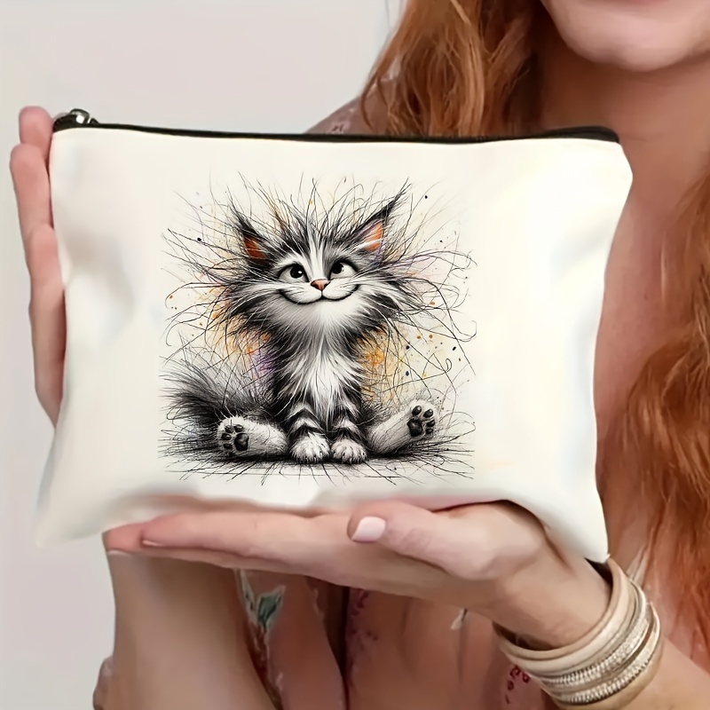 

Kitty , Chic Watercolor Cat Makeup Bag - Double-sided, Waterproof & Spacious Travel Cosmetic Pouch With Zipper - Perfect Gift For Cat Lovers