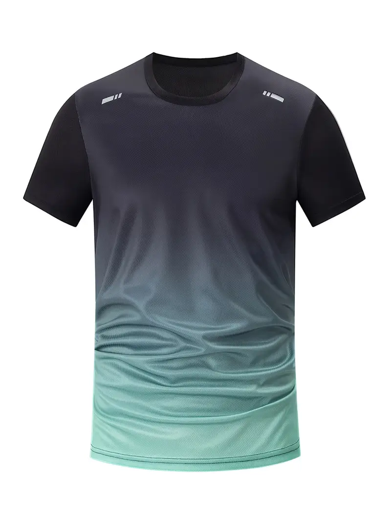 3pcs mens fitness set athletic shorts short sleeve shirt running jacket blue to black gradient stretchy polyester blend crew neck summer sportswear for running and training workout apparel gradient design knit construction gym clothe Product details 38