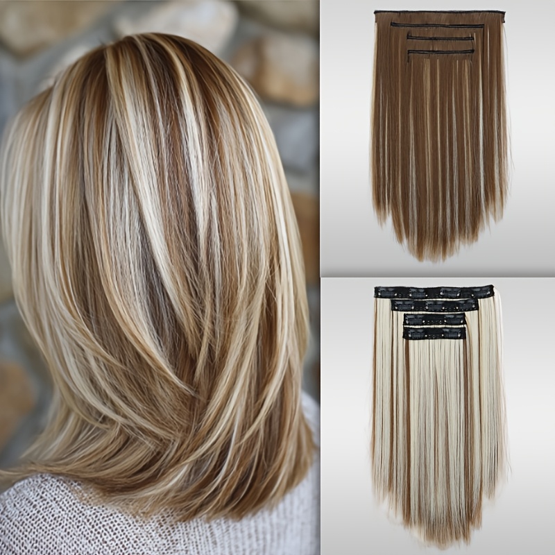 TEMU Extensions de cheveux à clips WIGSIN résistantes à la chaleur adaptées aux de peau - Mèches synthétiques courtes et droites mèchées avec volume