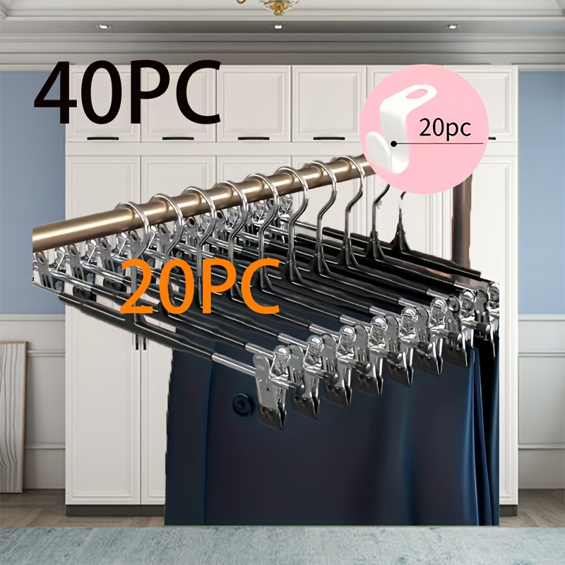 TEMU Set van 40 stuks: 20 stuks robuuste verstelbare metalen broekhangers met antislipklemmen + 20 stuks kleerhakhaken, ruimtebesparende hangers voor