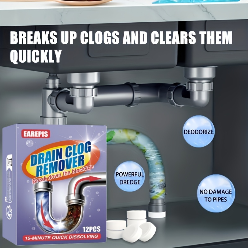 12 tabletas/caja de limpiador de desagües | Efectivo para la eliminación de pelo, residuos de comida, eliminación de olores, adecuado para lavabos de baño, desagües de cocina, duchas, inodoros