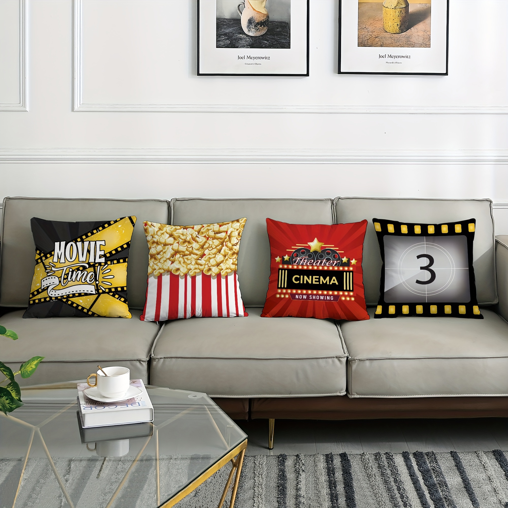 

4-piece Set Velvet Throw Pillow Covers - Movie Theater Popcorn Design In Black, Yellow & Red - 18x18 Inches - Zip Closure For Easy Care - Perfect For Living Room & Bedroom Decor