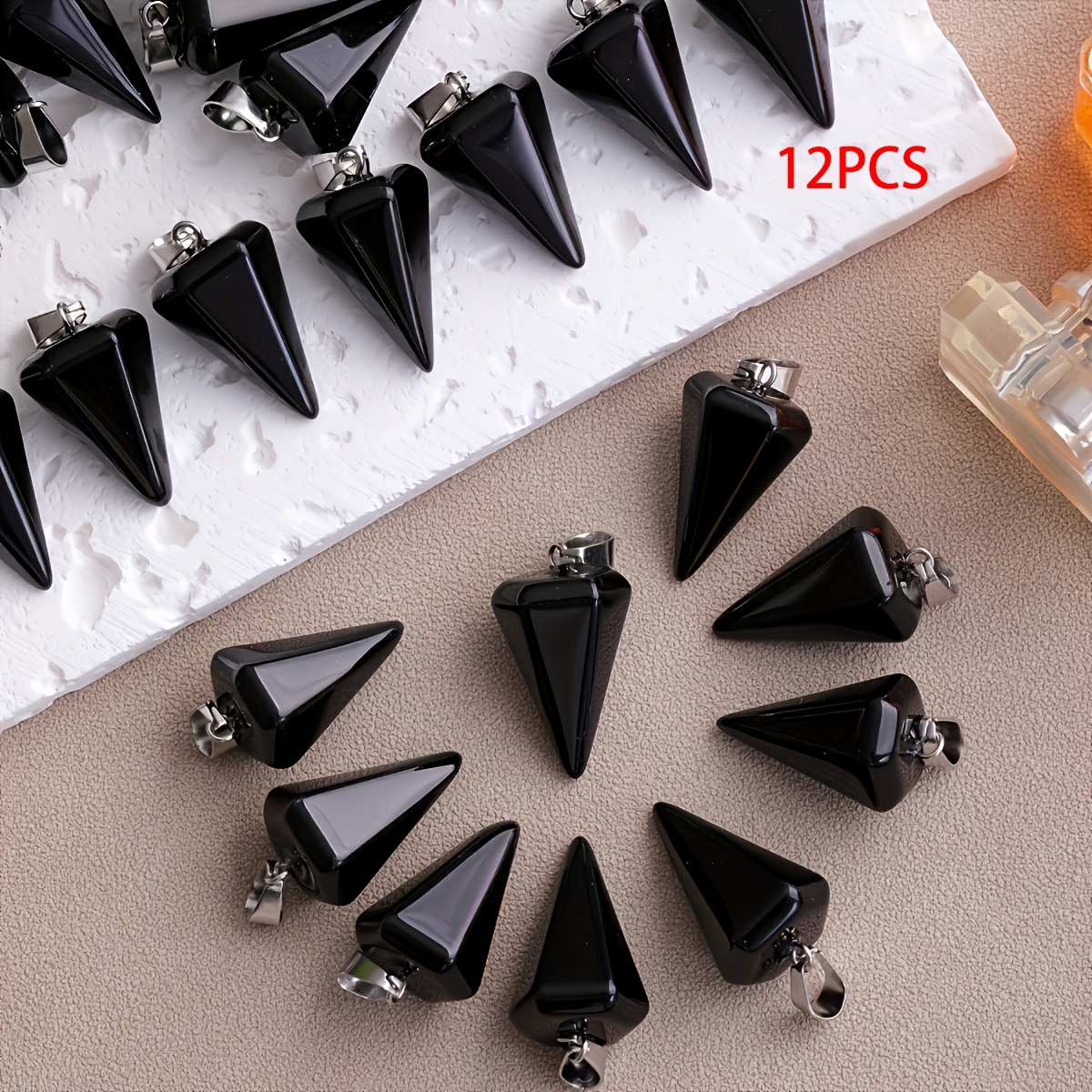 Image of 12pcs Natural Obsidian Hexagonal Pendants Gemstone Chakra Quartz Cone Dowsing Pendulum - For Meditation, Home Decor And Necklace Earrings Bracelet Jewelry Making, Unique Gift For Craft Lovers