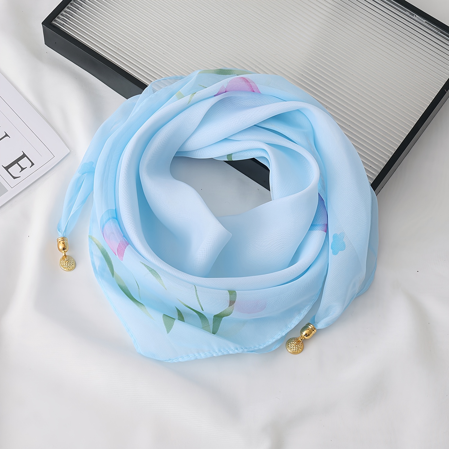 Image of Tulip Print Magnetic Clasp Scarf, Women's Decorative Scarf, Magnetic Clasp Warm Neck Gaiter, Thin Versatile Scarf, Winter Magnetic Clasp Scarf, Spring And Autumn Versatile Thin Scarf, Neck Accessory