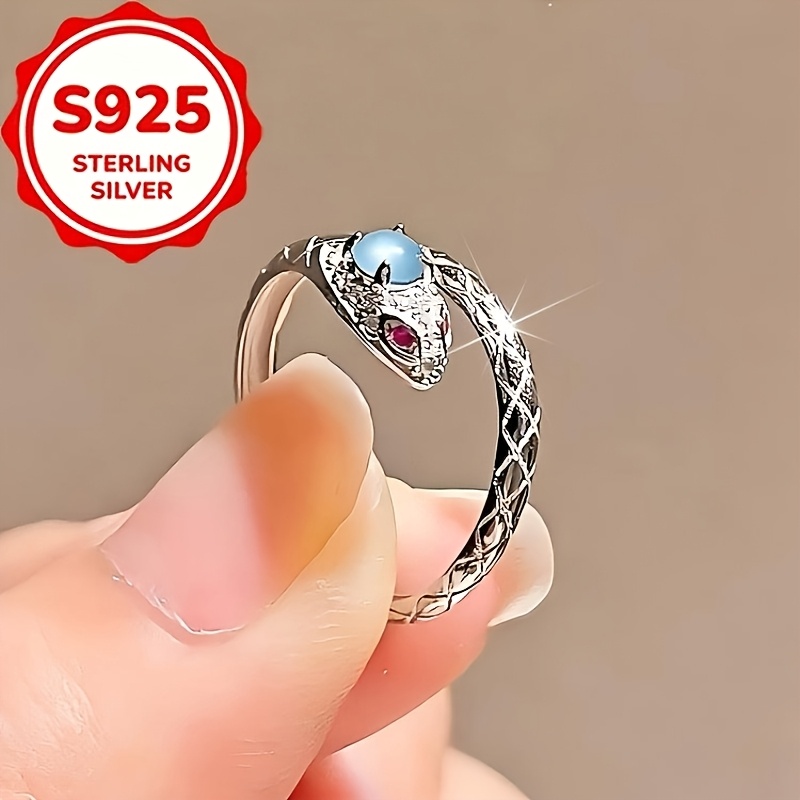Women's S925 Silver Open Ring with Blue Resin Serpent Design, Elegant