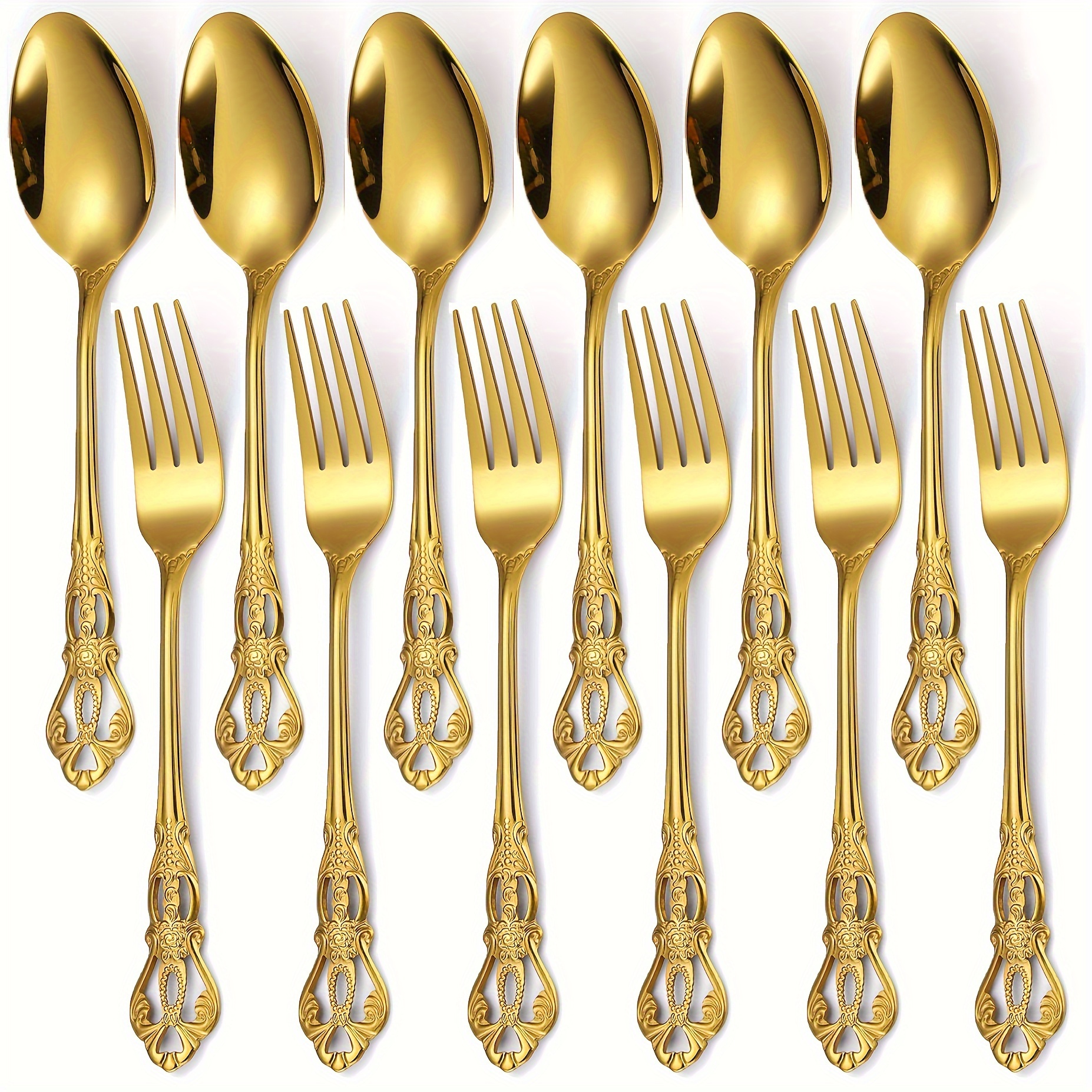Image of 12pcs Vintage Fork And Spoon Set, Premium Stainless Steel Dessert Forks, Dessert Spoons, Coffee Spoons, Cake Forks, Fruit Forks, Stirring Spoons, Ice Cream Spoons, Elegant Silverware