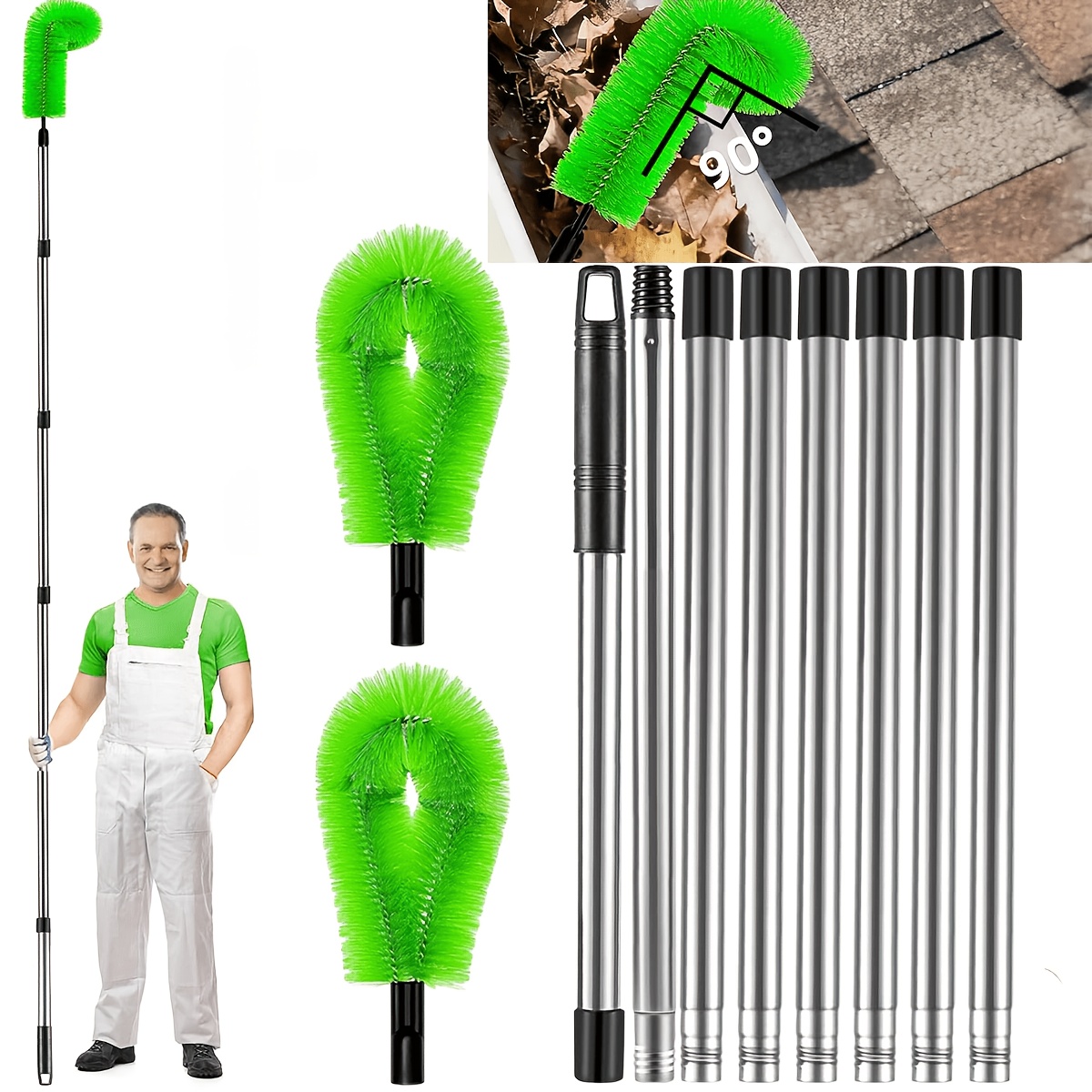 TEMU 10.5 Ft Adjustable Gutter Cleaning Tool, Long- Gutter Brush, Lightweight Green/yellow Brush, Effortless Leaf And Removal From Roof Gutters,