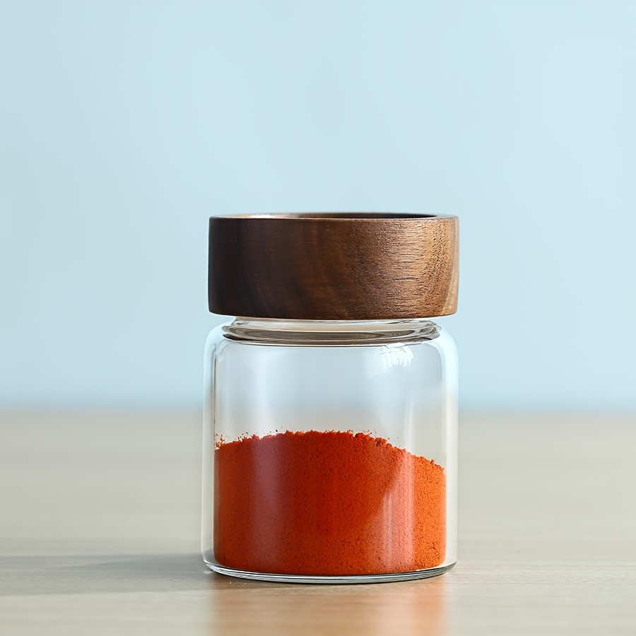 Image of A Glass Spice Jar With An Acacia Wood Lid And Label, Vintage Glass Storage Container Suitable For Kitchen Spices, Coffee Beans, Tea, Sugar, And Herbs
