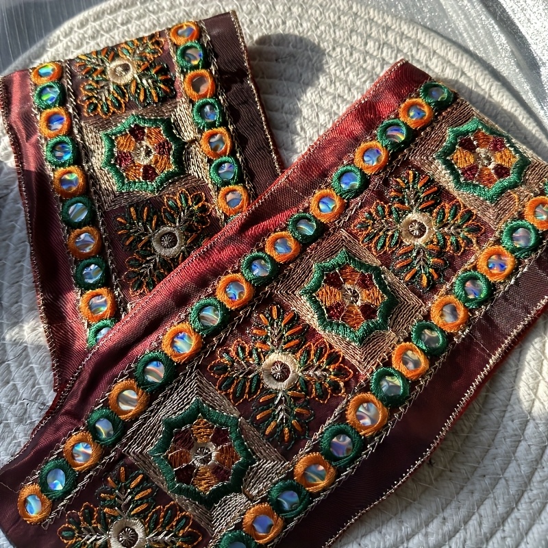 E-shop 1 Stück 54-Zoll Ethno-Stickerei Pailletten-Spitzenband - Leuchtend Orange/Honigrot, Komplexe Blumen- Geometrische Muster, DIY Kleidungszubehör,