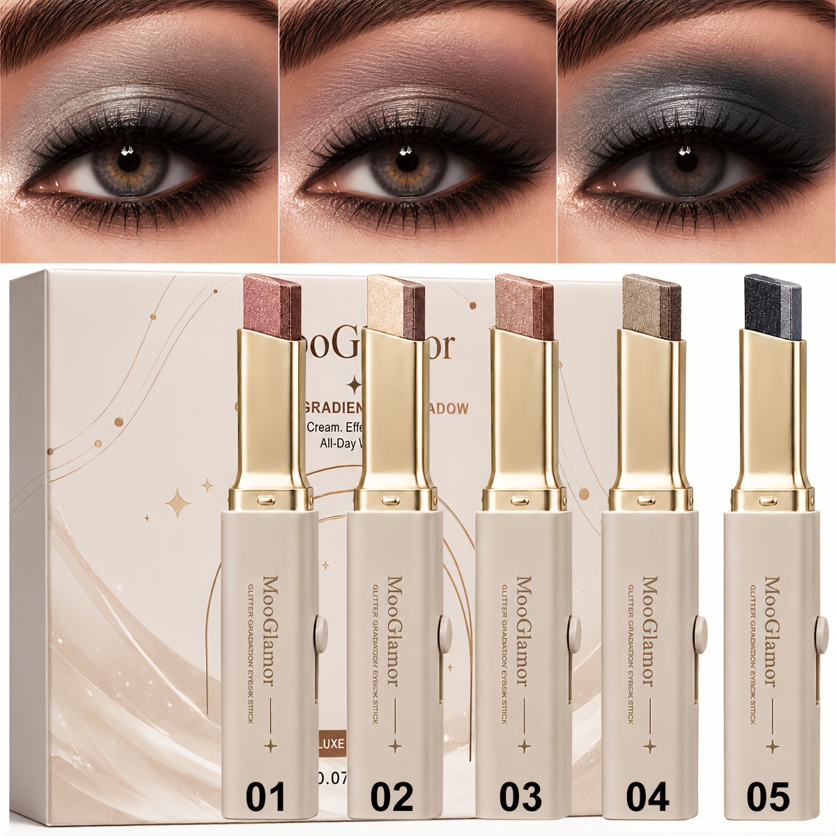 Image of 5pcs Dual-tone Gradient Shimmer Eyeshadow Stick Set, Dual-tone Shimmer Cream Eyeshadow, Waterproof Long-lasting & Eye Makeup Sticks, High For Daily, Smoky & Party Looks