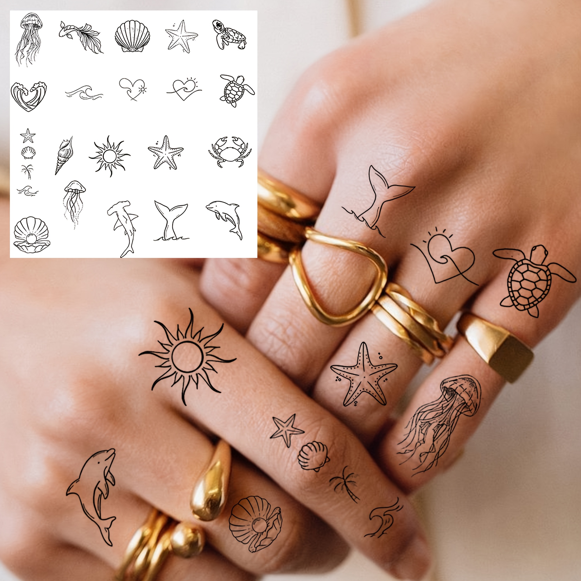 A Y2k Series Temporary Tattoo Sticker Featuring Shells, Jellyfish, Turtles, Starfish, And Shapes, Suitable For Men And Women. To Hands, Fingers, Feet, Neck, Waist, Legs, Thighs, Forearms