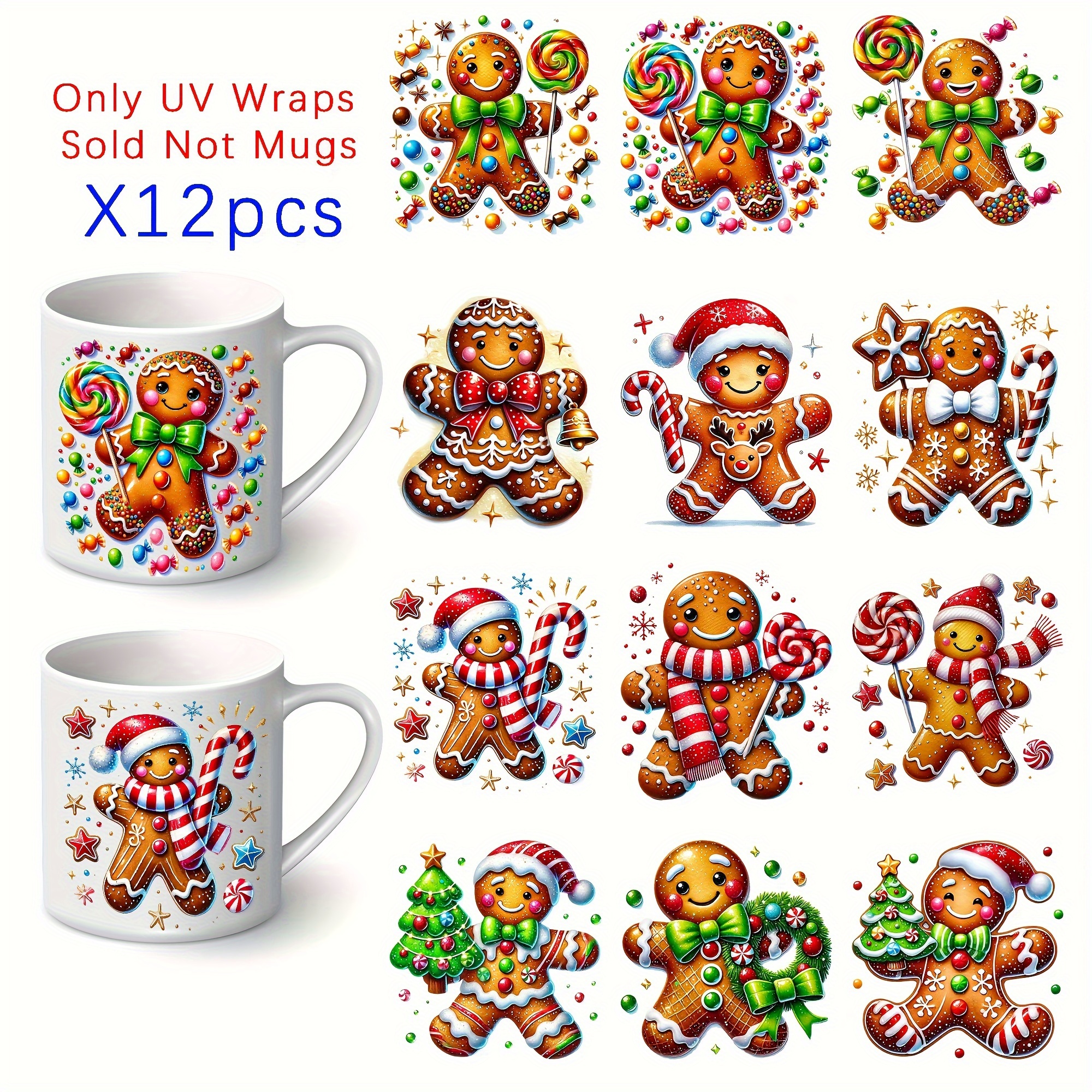 

Christmas Gingerbread For Man & Tree Decals - Uv Dtf Waterproof & -resistant 3d For Glassware And Bottles, Self-adhesive For Mugs