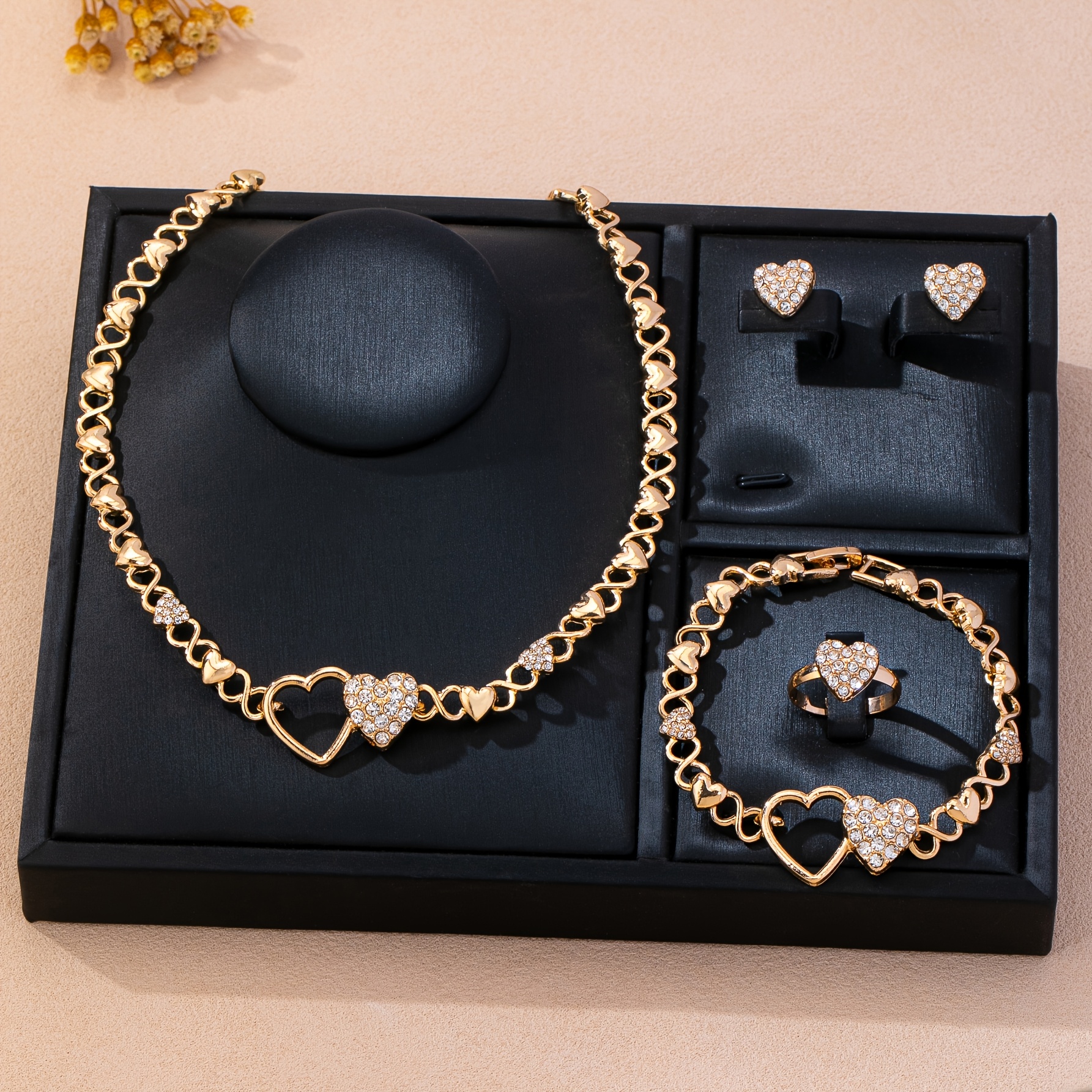 Light Luxury Double Heart Jewelry 4pcs Set, Necklace & Earrings
