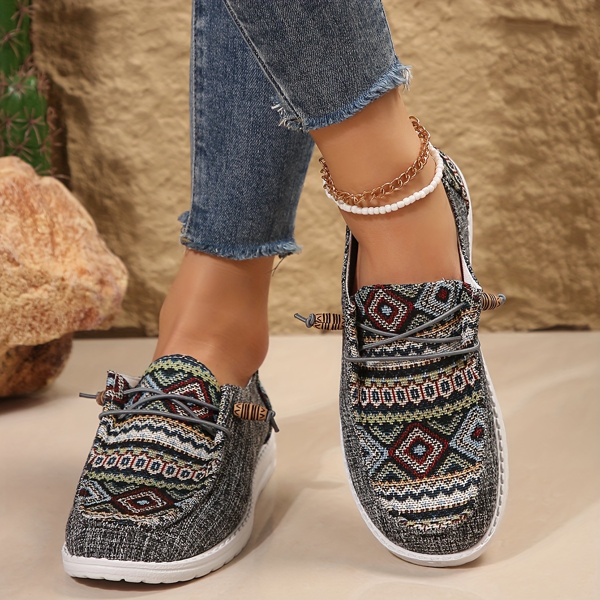 

Women's Geometric Pattern Canvas Shoes, Casual Lace Up Outdoor Shoes, Lightweight Low Top Sneakers