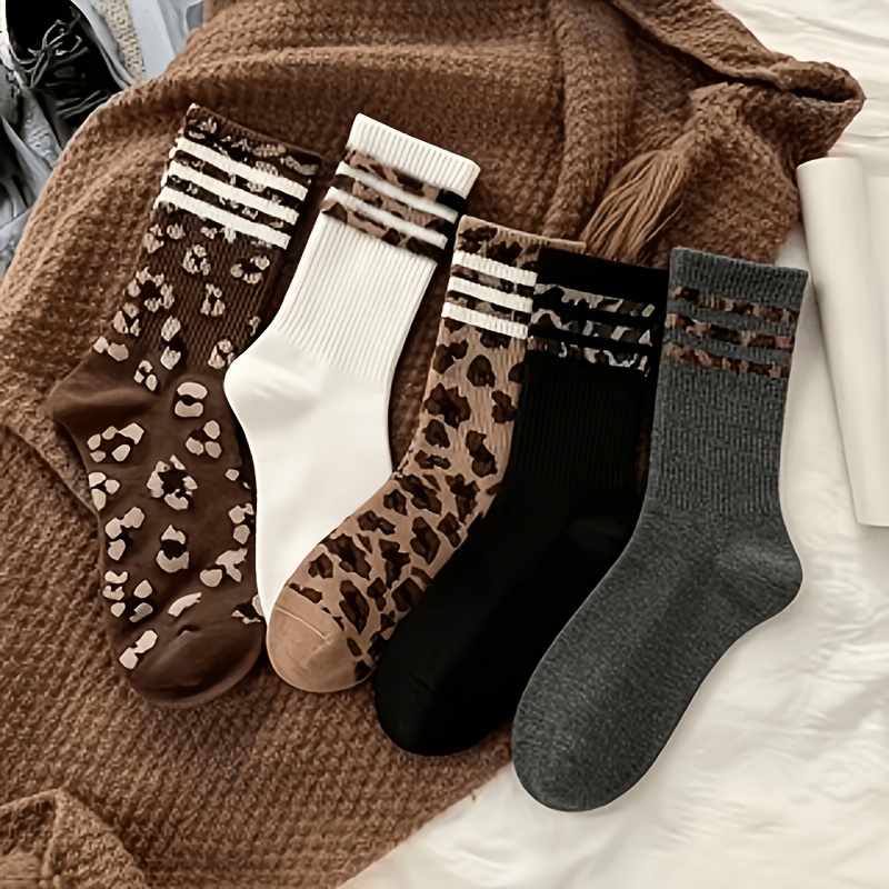 TEMU Mixed Color - 5-pair Spotted Leopard Print Over-the-knee Socks, Versatile, , Comfortable, And Soft Socks