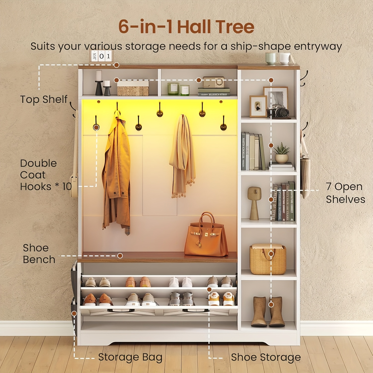 Farmhouse Entryway Organizer with Bench & Shoe Cabinet - 7 Shelves, 10 Hooks, LED Lighting, USB-Powered, White Engineered Wood Storage for Hallway, Living Room, Bedroom - Easy Assembly, No Tools Needed, Entryway Storage, Rustic Charm, Durable Construction, Home Organization, Minimalist Design, Sturdy Construction, Home Decorators