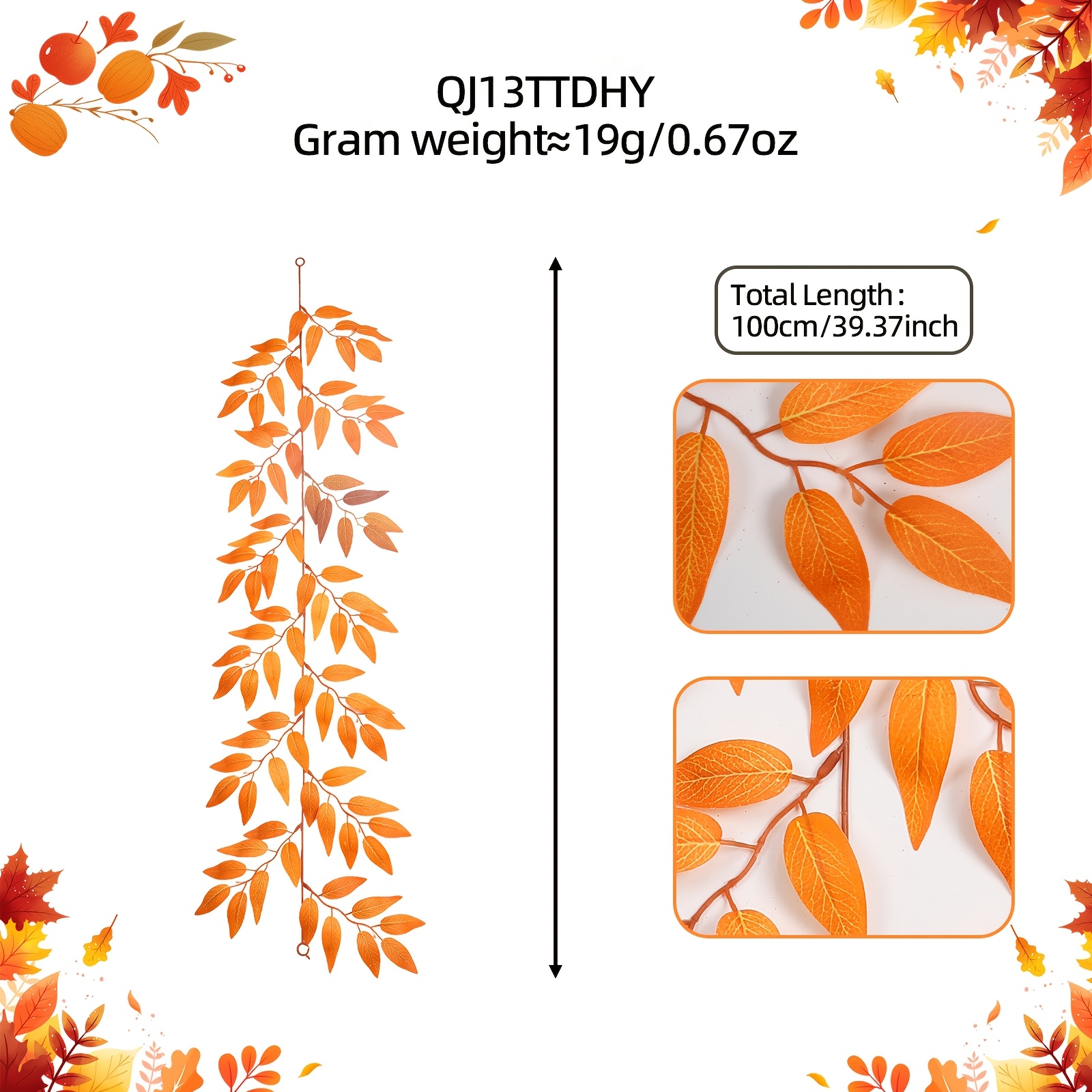 TEMU 2pcs 39.37-inch Autumn Decor, Orange Artificial Autumn Leaf Vine, Countryside Pastoral, Suitable For Thanksgiving, , Window Display, Wall, And