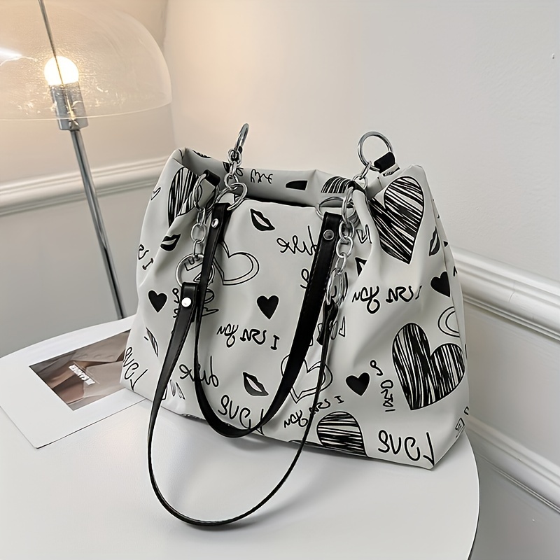 

Women's Heart Pattern Tote Bag, Fashion Black & White Print, Spacious Handbag, Versatile Bag For Daily Use