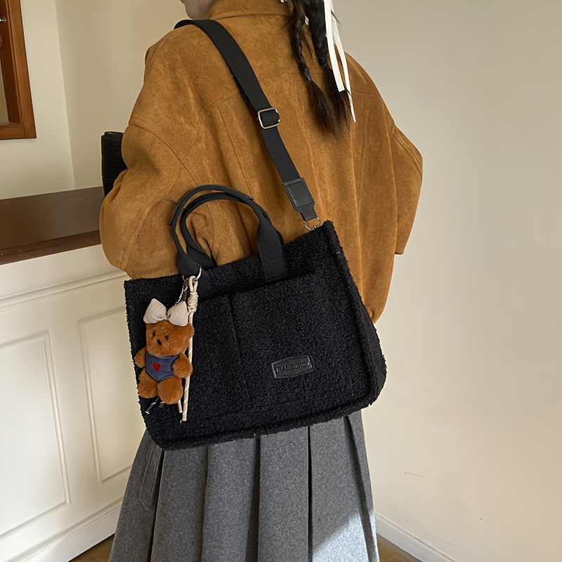 Image of Fashionable Women's Shoulder Bag, Fashionable Texture Tote Bag With Teddy Bear Pendant, Large Capacity Double Pocket Handheld Shoulder Bag, Versatile For Commuting, Shopping, Handbag