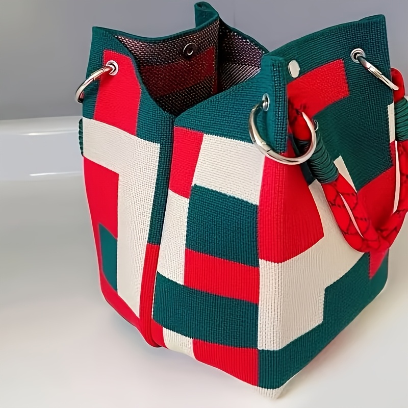 TEMU Women's Vintage Color-block Handbag - Large Capacity Tote Bag With Snap Closure And Fixed Shoulder Strap, , Durable, Suitable For - Handheld