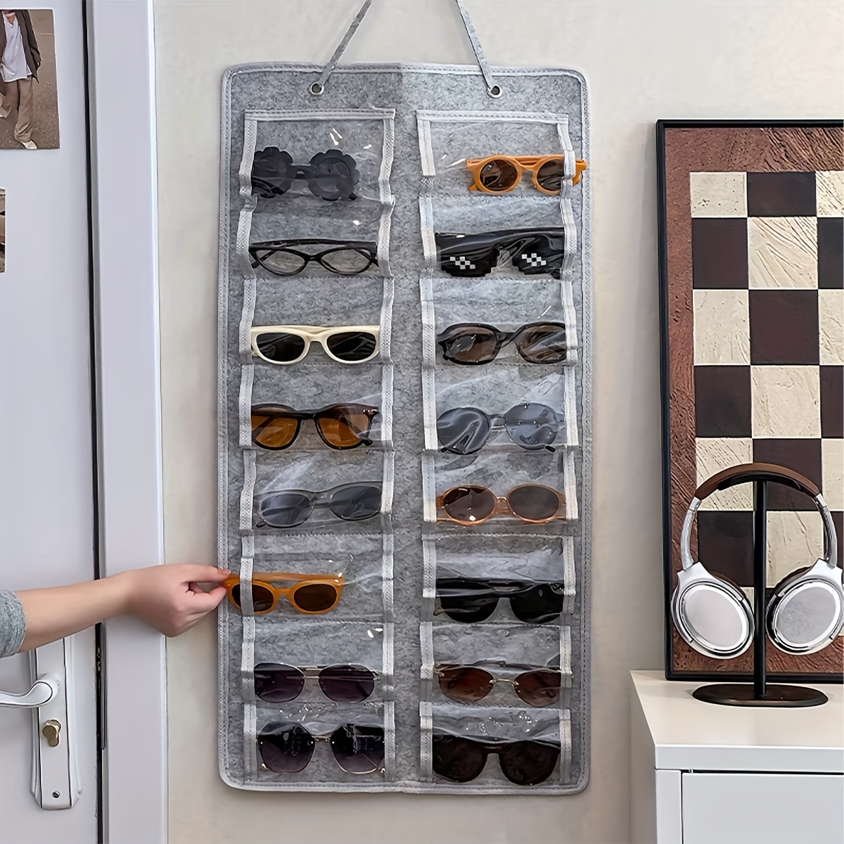 1Pc Wall Mounted Glasses Organizer 16 Felt Slots Dust Proof