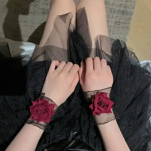 1 pair retro gothic punk rose lace gloves black mesh with burgundy floral accents elastic cuffs for costume party wedding halloween accessories halloween costumes festive armwear sophisticated