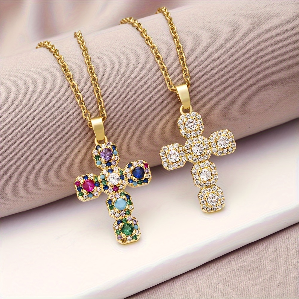 

1pc Exquisite White/colorful Cubic Zirconia Decor Cross Pendant Necklace, Golden Stainless Steel Chain Necklace For Girls, Christian Jewelry, Holiday Gift, Easter Gift