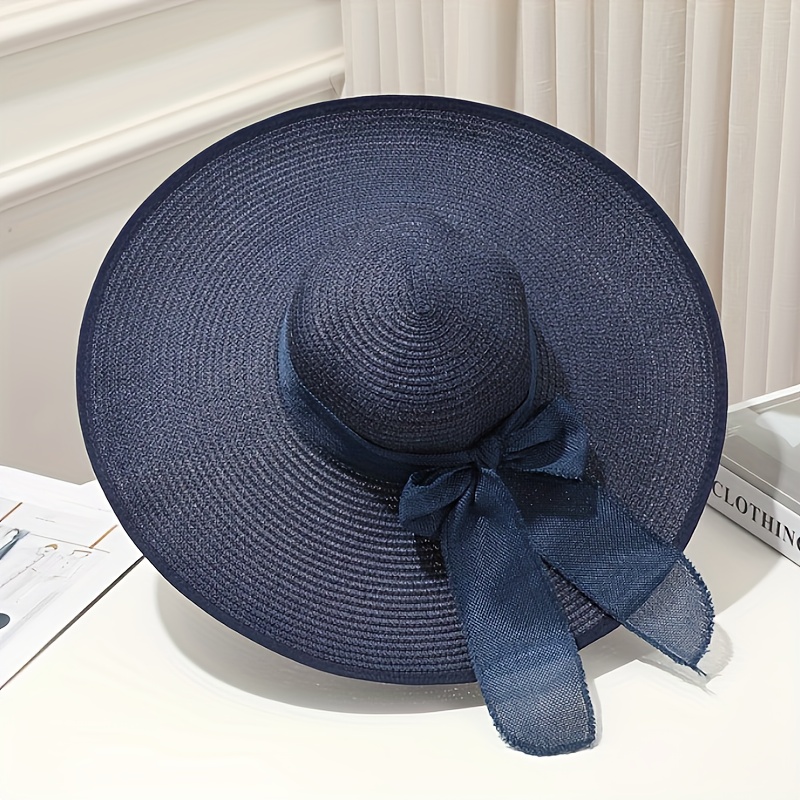 Blue Women\'s Wide Brim Sun Hat with Decorative Bow Windproof Sun Hat Spring Summer Wide Brim Bowknot Decor  main image 3