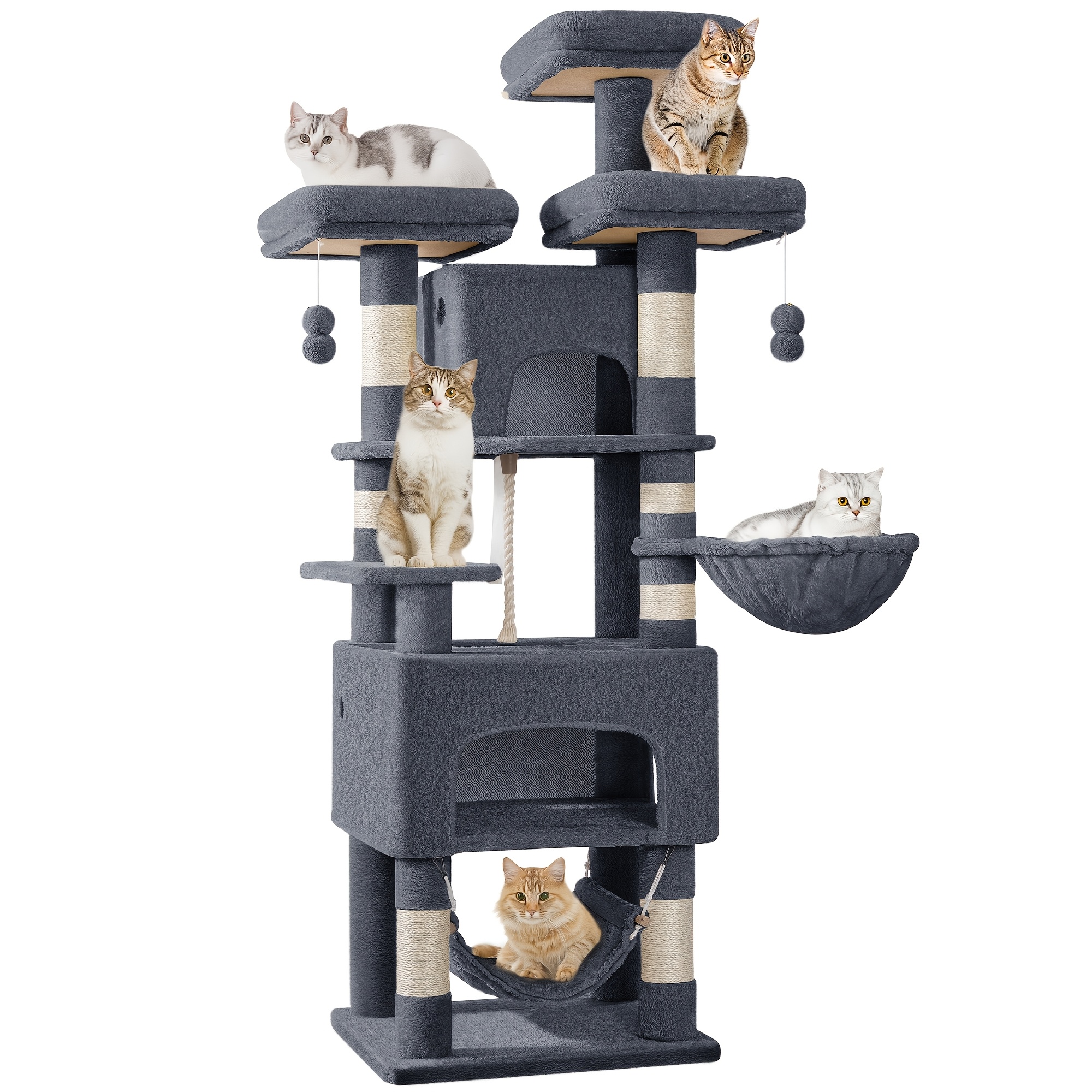 E-shop Kratzbaum für Katzen, XL, 3 Ebenen, 2 , 7 Kratzsäulen, Hängematte, Plüschball, geeignet für Mehrkatzenhaushalte, Hellgrau, Dunkelgrau