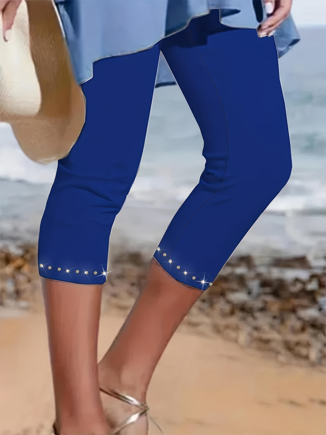 Plus Size Rhinestone Decor Capri Leggings, Casual High Waist Stretchy Leggings For Spring & Summer, Women's Plus Size Clothing